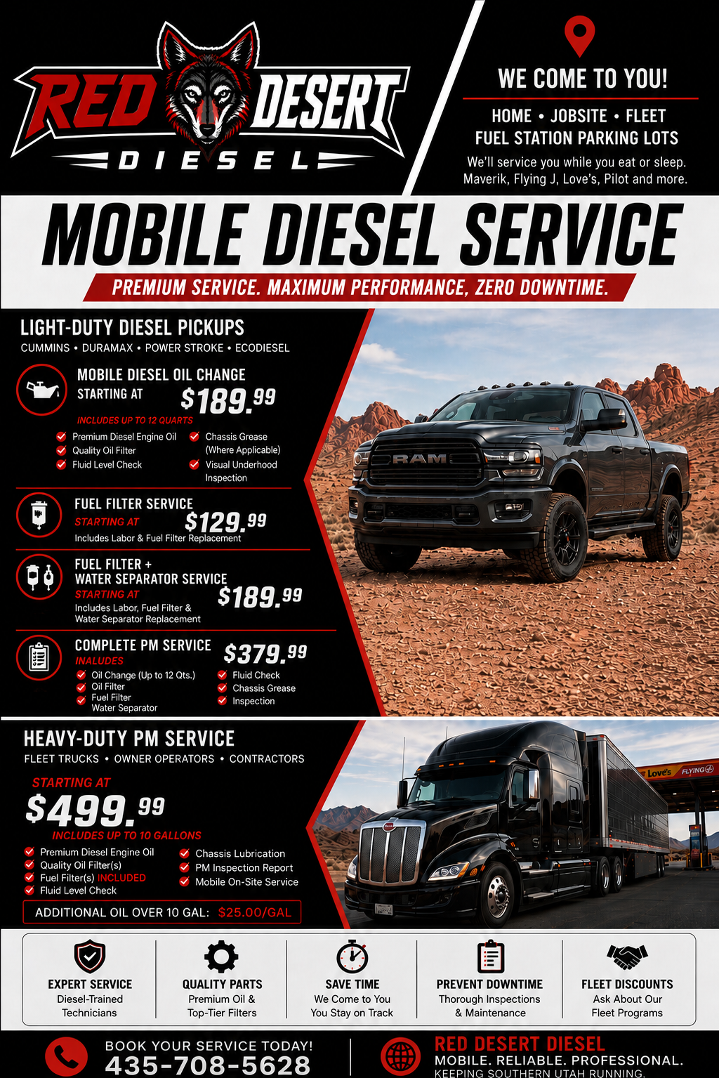 Red Desert Diesel mobile diesel service graphic for oil changes, fuel filter service, PM service, light-duty pickups, heavy-duty trucks, semis, and fleet requests